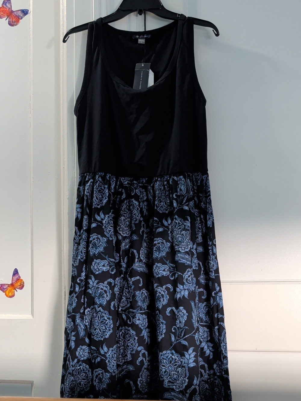 Sleeveless Black Top Blue Floral Skirt Dress
